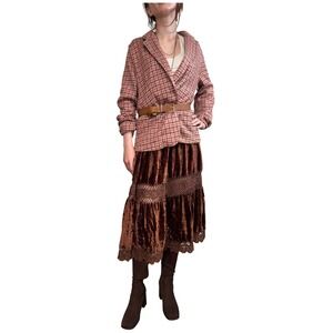 Y2K Crushed Velvet Maxi Skirt M L Gypsy Fairy  Grunge Tiered‎ Crochet Lace Boho